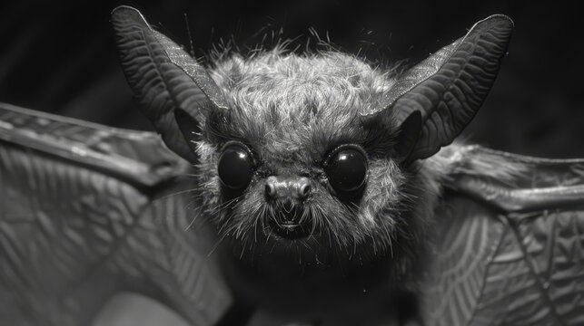   A monochrome image of a bat with large, round, contrasting black-and-white eyes