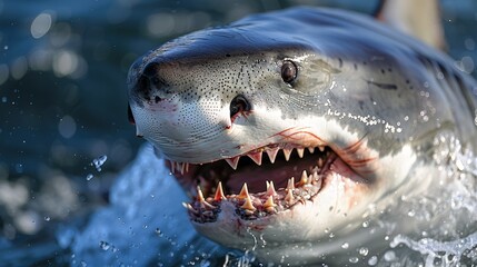   A tight shot of a shark with its jaws agape, revealing teeth submerged in water