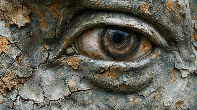   A detailed image of a tree trunk featuring a painted human face and eyes