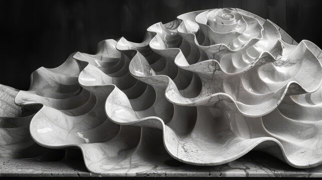   A monochrome image of a marble sculpture portraying a flower, situated on a slab