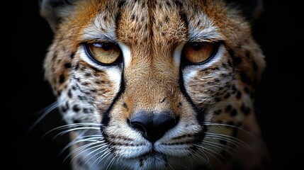  Close-up of a Cheetah's face, yellow eyes gleaming, against a black backdrop, surrounded by brown fur - obrazy, fototapety, plakaty