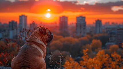   A Pug on a hill gazes at sunset over urban skyline, tall buildings behind