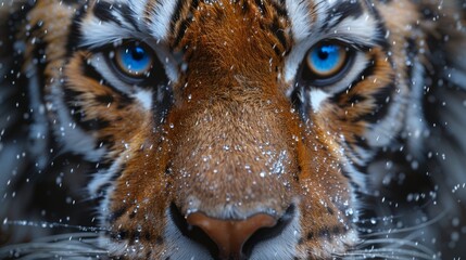   A tight shot of a tiger's face, covered in snowflakes clinging to its fur, reveals piercing blue eyes