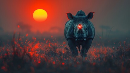  A rhinoceros silhouetted in a field against the sun's backdrop, its eyes casting red reflections