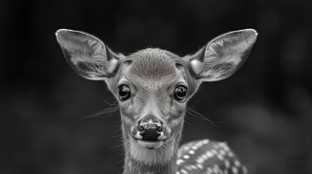   A black-and-white image of a baby deer gazing at the camera with an alert expression