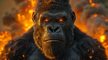   A tight shot of a gorilla's intense face against a backdrop of raging fire Above, a sky thick with swirling clouds of smoke - obrazy, fototapety, plakaty