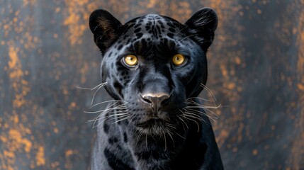   A black leopard gazes at the camera with intense yellow eyes and a grungy expression