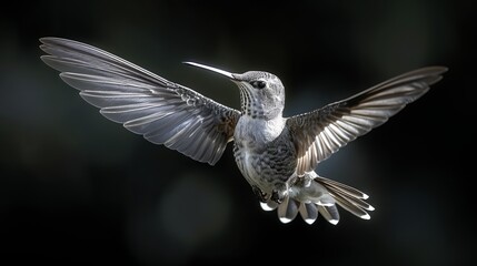   A hummingbird hovers in mid-air, wings spreading to their full extent as they beat rapidly