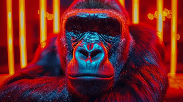   A tight shot of a monkey with a neon light illuminating its face, a cage looms behind