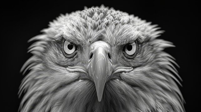   A monochrome image of an eagle's stern visage against a backdrop of a bald eagle's head