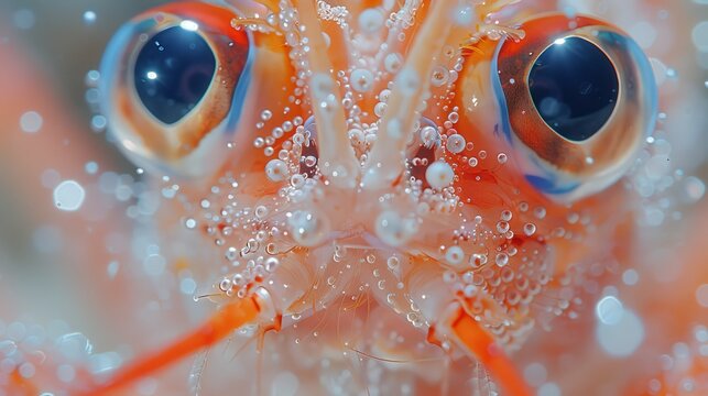   A tight shot of a fish's visage, encircled by bubbles scattering over its body and eyes