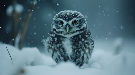   A tight shot of a tiny owl amidst snow, snowflakes dotting its face, backdrop slightly blurred