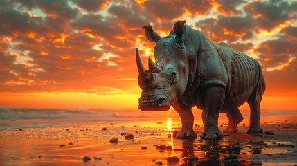   A rhino atop a beach, by the ocean beneath a vivid sky, sun setting behind - obrazy, fototapety, plakaty