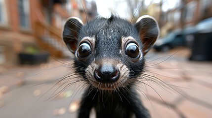  A rat gazes at the camera with a startled expression, background includes a building