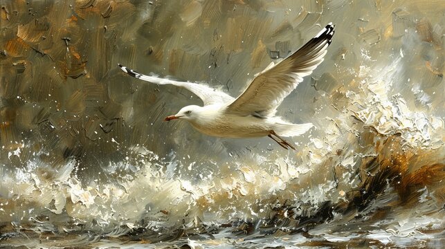   A seagull painted flying over a body of water, with foreground splashes