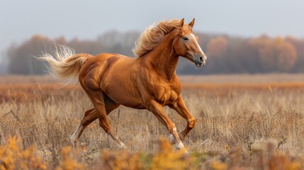   A brown horse gallops through a field of tall, brown grass Trees line the backdrop, and a blue sky stretches above