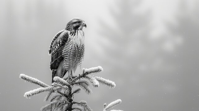   A black-and-white image of a hawk perched atop a pine branch, encased in ice and snow