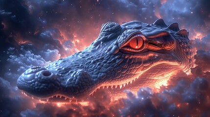   A tight shot of a dragon's head against a backdrop of cloud-filled sky and star-studded night - obrazy, fototapety, plakaty