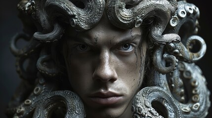   A close-up of a man with a snake coiled around his head - obrazy, fototapety, plakaty