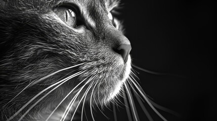   A monochrome image of a feline's visage, prominently featuring lengthy whiskers on its nasal bridge