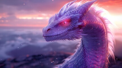   A tight shot of a dragon by a waterbody, surrounded by a sky backdrop and clouds in the front - obrazy, fototapety, plakaty