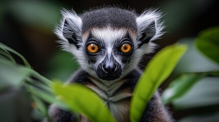   A monkey perched on a tree branch, surrounded by leaves in sharp focus in the foreground, while the background softly blurs