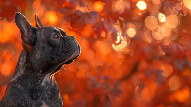   A tight shot of a dog gazing at a tree against an backdrop of orange and yellow leaves illuminated by soft lights