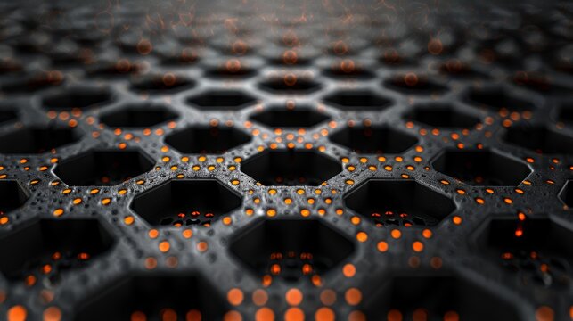   Close-up of metal surface with holes and orange dots in their centers against a black backdrop