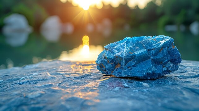   A blue rock atop a larger one, nestled by a waterbody, sun backdrops