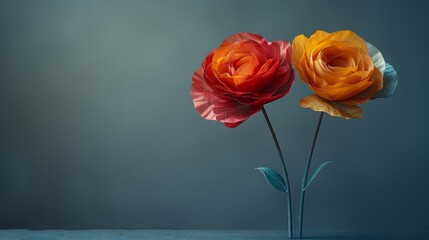  A pair of flowers atop a blue tablecloth, situated side by side on the table - obrazy, fototapety, plakaty