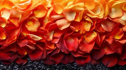   A tight shot of blooming flowers over sunflower seeds against a backdrop of vibrant red and yellow petals - obrazy, fototapety, plakaty
