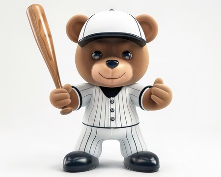 A cute kawaii 3D mascot character design teddy bear wearing a baseball uniform, holding a bat, and standing on a white background.