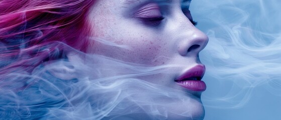   A woman with pink hair is depicted in a close-up, with smoke emanating from her face and background, against a blue backdrop
