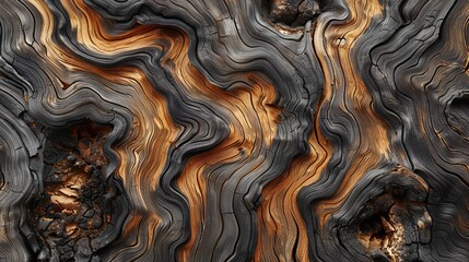   A tight shot of a tree trunk displaying intricate brown and black swirling bark at its uppermost portion