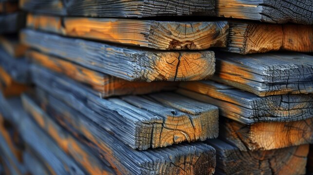   A stack of wooden planks aligned next to one another atop a woodpile