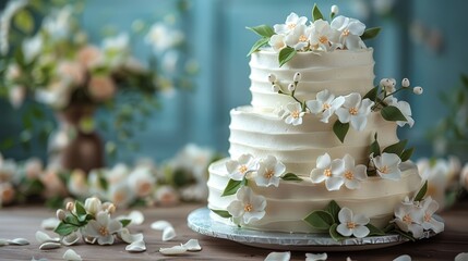   A tight shot of a wedding cake on a table, adorned with flowers nearby A vase of blooms in the background completes the scene - obrazy, fototapety, plakaty