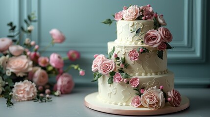 Obraz na płótnie Canvas A three-tiered wedding cake adorned with pink flowers sits beside a bouquet of pink and white roses on the table