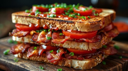  bacon, tomatoes, and green onions arranged on a cutting board A knife waits nearby