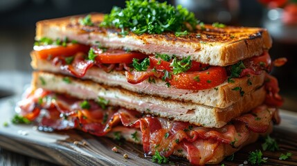   A wooden cutting board holds a stack of toasted sandwiches, each topped with meat, tomato slices, and parsley