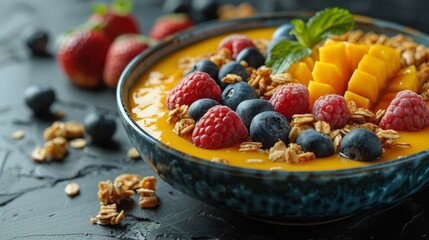  A bowl of oatmeal topped with fruit and granola against a black table backdrop Strawberries, raspberries, and blueberries nearby
