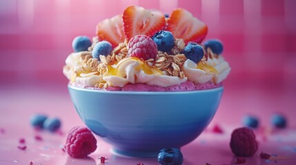   A blue bowl brimming with fruit and granola sits atop a pink table Raspberries and blueberries rest nearby
