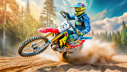 Motocross rider in colorful gear is captured mid-jump, kicking up dust on a sandy track surrounded by trees. Generative Ai. - 784432636
