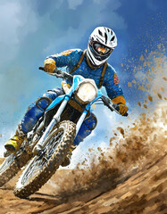 A motocross rider in blue gear, white helmet, rides a blue bike, kicking up dirt under a clear sky. Action-packed! - 784432651