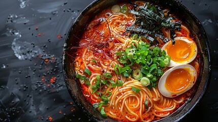   Close-up of a bowl with noodles, eggs, and sauces on a black surface, dripping with water droplets