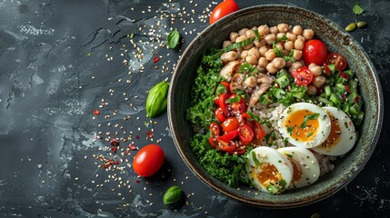  Salad bowl with hard-boiled eggs, tomatoes, spinach, and chickpeas