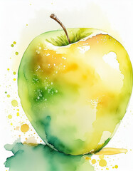 Watercolor painting of a green-yellow apple with splashes of color. The artwork is vibrant and expressive - 784432691