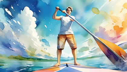 Young man paddle boarding amidst vibrant, colorful splashes of water and sky, evoking a sense of freedom and adventure - 784432696