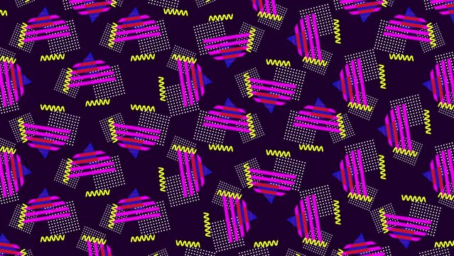 Memphis style background. Abstract animation of a retro patterns elements with geometrical shapes and lines. Seamless loop pop art design