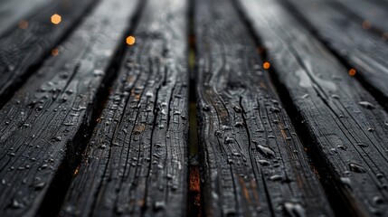   A tight shot of a weathered wooden bench, adorned with droplets on its planks, set against a softly blurred backdrop - obrazy, fototapety, plakaty