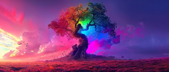 Obraz na płótnie Canvas A rainbow-hued tree stands solo in a verdant field Birds flit through azure skies above Clouds paint the backdrop